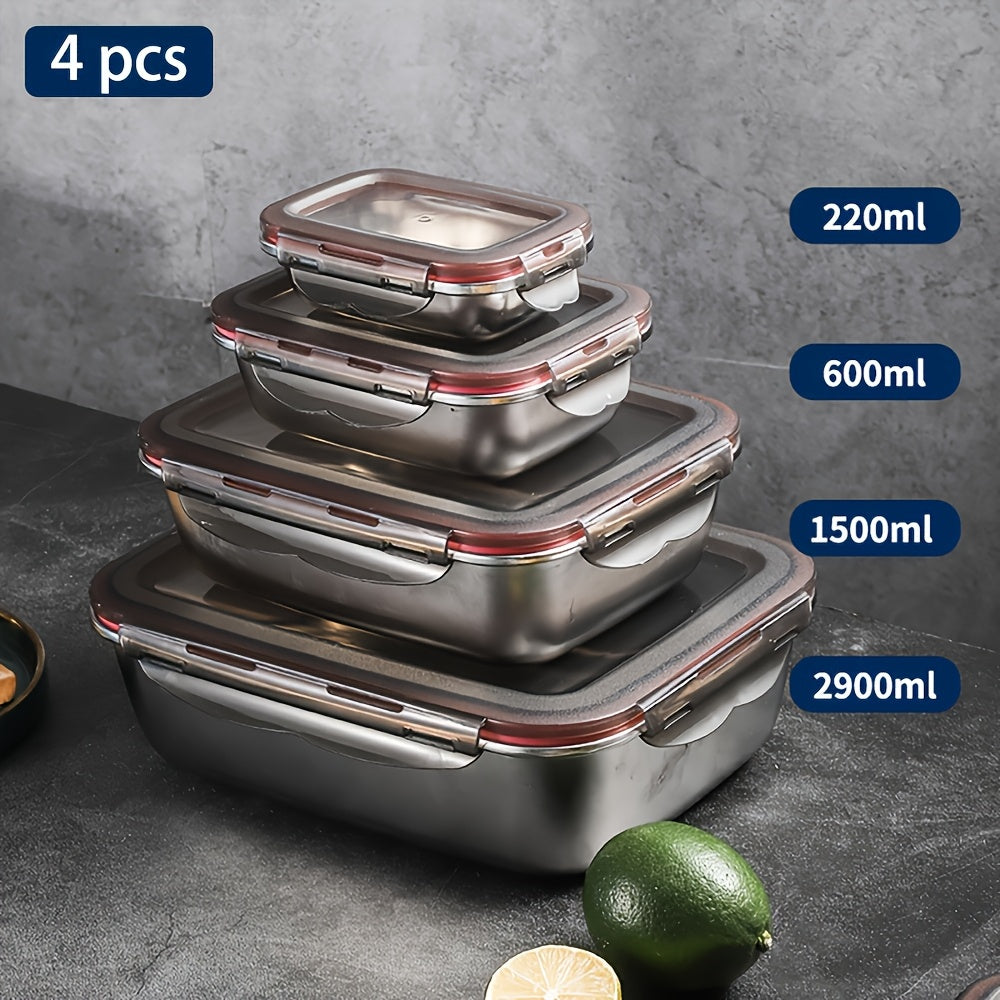 4pcs Set of Stainless Steel Airtight Food Containers with Lids, Multi-Size Rectangular Meal Prep Boxes, Durable Reusable Storage for Kitchen, Freezer And Microwave Safe for Food Fresh Keeping