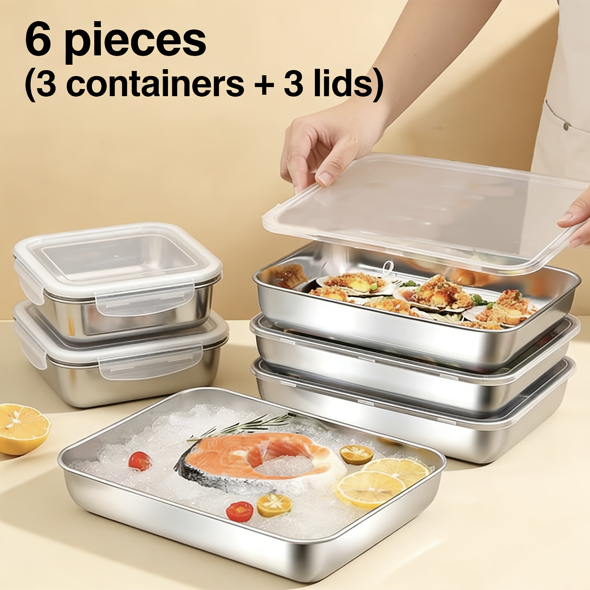 Easter 6pcs Stainless Steel Food Storage Containers(3Trays+3Lids), Square Stackable Design, Tidy Storage for Fridge& Cabinet, Space-Saving Airtight Fresh-Keeping, Ideal for Meal Prep, Camping, Loose Ingredients, Fruits, Meat, Vegetables, Leftovers