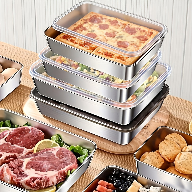 Easter 6pcs Stainless Steel Food Storage Containers(3Trays+3Lids), Square Stackable Design, Tidy Storage for Fridge& Cabinet, Space-Saving Airtight Fresh-Keeping, Ideal for Meal Prep, Camping, Loose Ingredients, Fruits, Meat, Vegetables, Leftovers