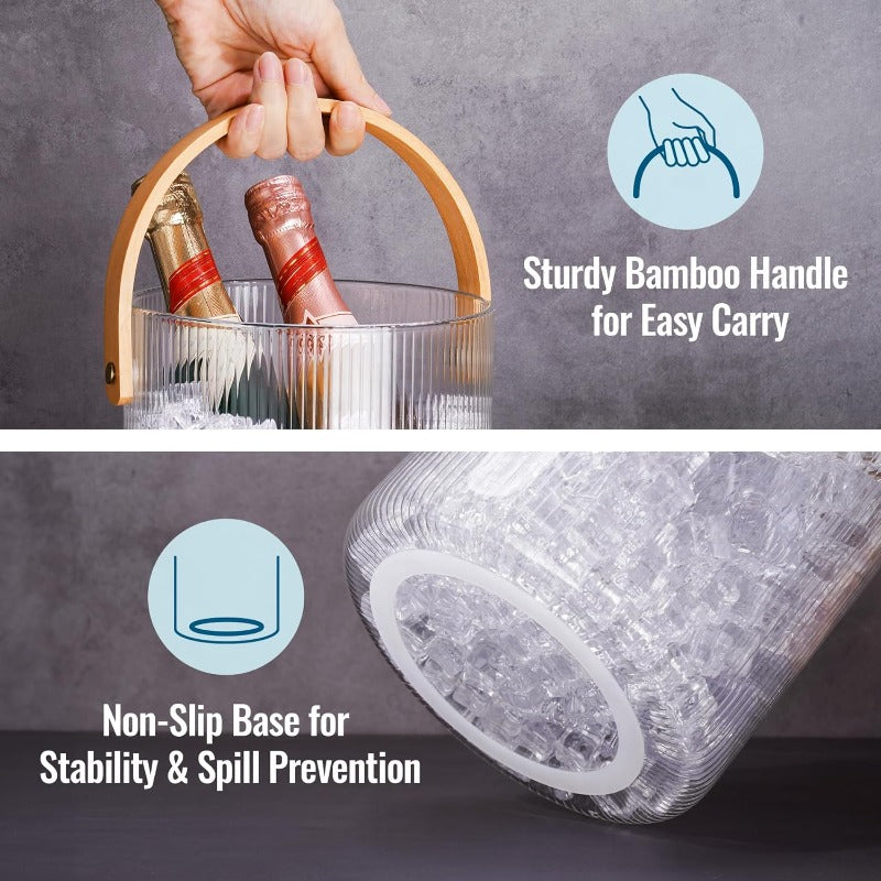 NiHome 101.44oz Glass Ice Bucket Chiller | Bamboo Lid, Scoop, and Tongs for Home Bar, Wedding Party | Ribbed Clear Design, Sturdy Handle, NonSlip Base, Airtight Storage for Wine, Champagne, Beer, Cocktails