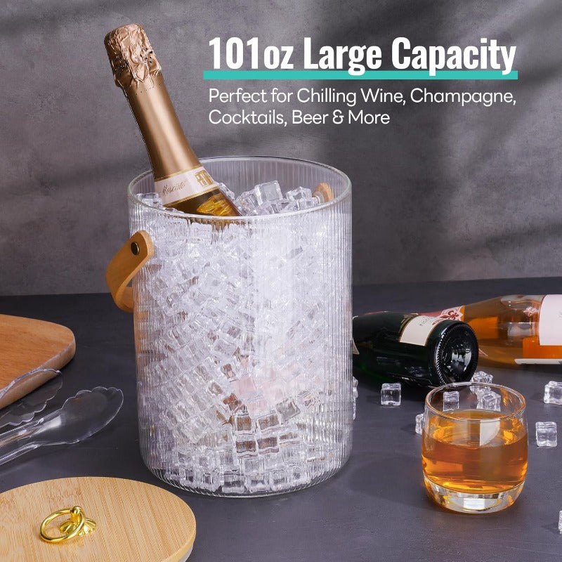NiHome 101.44oz Glass Ice Bucket Chiller | Bamboo Lid, Scoop, and Tongs for Home Bar, Wedding Party | Ribbed Clear Design, Sturdy Handle, NonSlip Base, Airtight Storage for Wine, Champagne, Beer, Cocktails