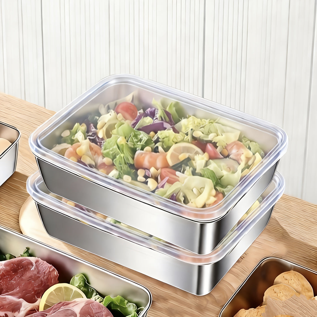 Easter 6pcs Stainless Steel Food Storage Containers(3Trays+3Lids), Square Stackable Design, Tidy Storage for Fridge& Cabinet, Space-Saving Airtight Fresh-Keeping, Ideal for Meal Prep, Camping, Loose Ingredients, Fruits, Meat, Vegetables, Leftovers