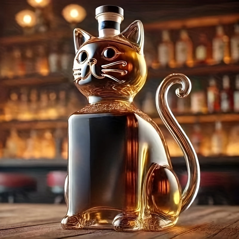 Cat-Shaped Glass Bottle\u002FHandcrafted High Borosilicate Glass\u002FSitting Cat Design with Round Head, Upright Ears, Curved Tail\u002FVivid Three-Dimensional Details\u002FBlack Cap Seals Freshness