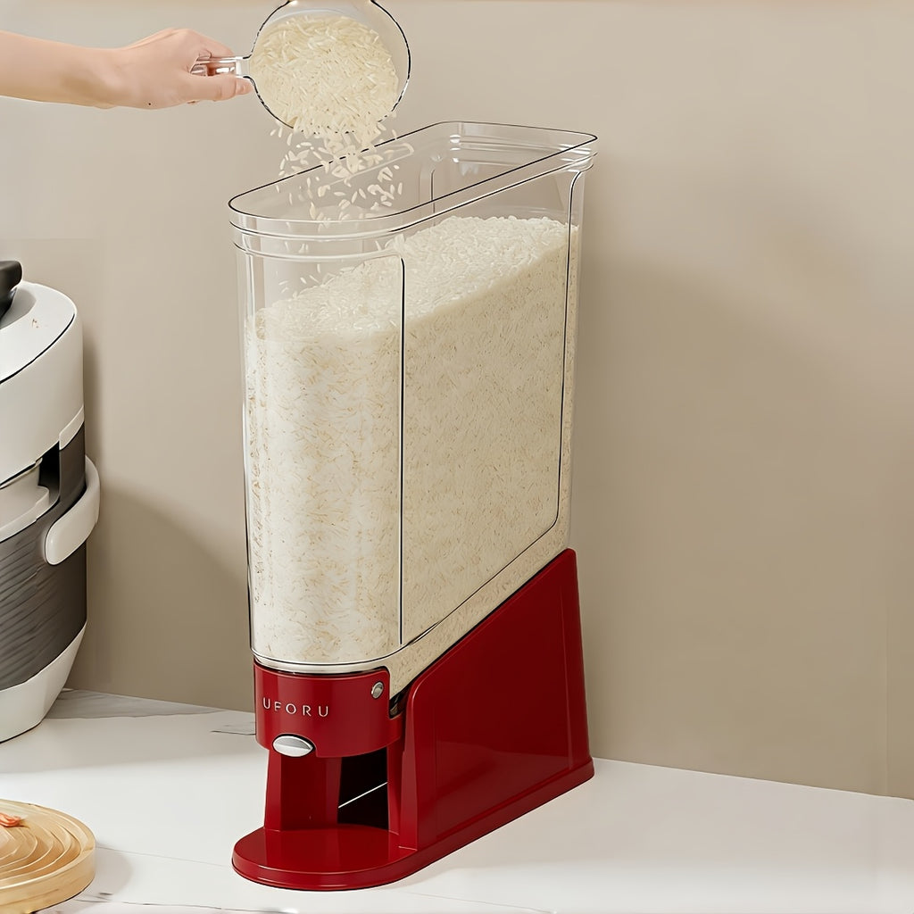 Large Capacity Automatic Rice Dispenser with Transparent Window & Measuring Cup - Airtight Flip-Top Lid Suitable for Rice, Grains, Pet Food Storage Container, Multi-Functional PET Organizer for Kitchen Pantry, Countertop, for Grain Dispenser