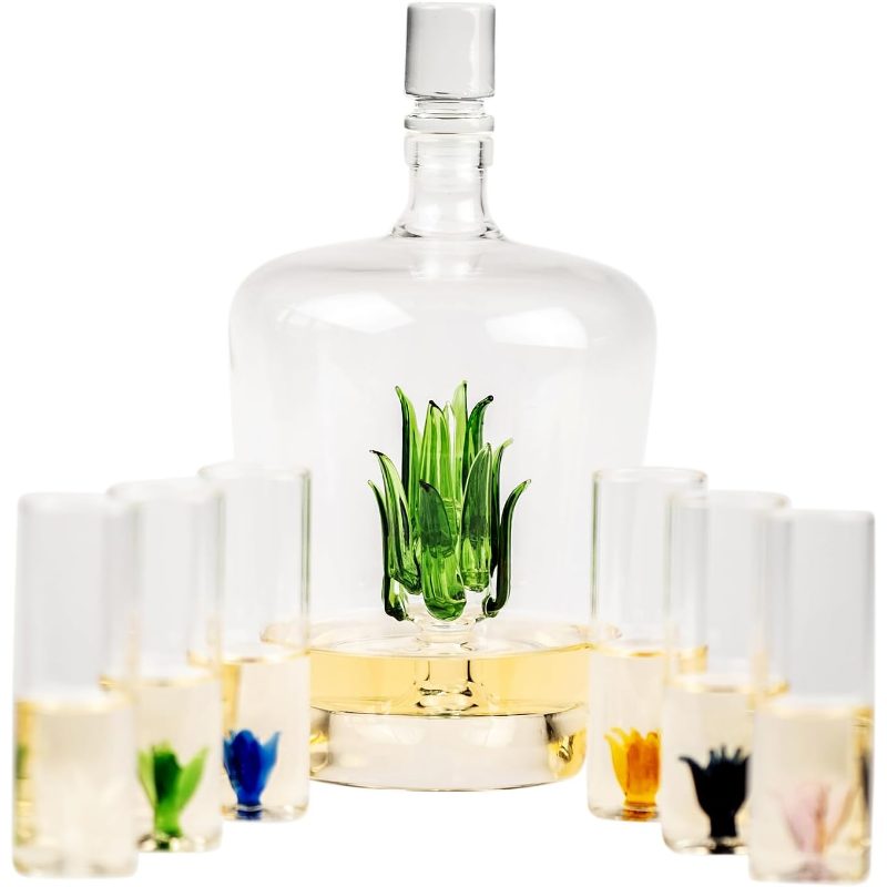 Tequila Decanter Tequila Glasses Set with Agave Decanter and 6 Agave Shot Glass with Stand, Gifts Tequila Lovers, 750ml Bottle, 3oz Shot Glass Party Decorations Cinco De Mayo (Agave)