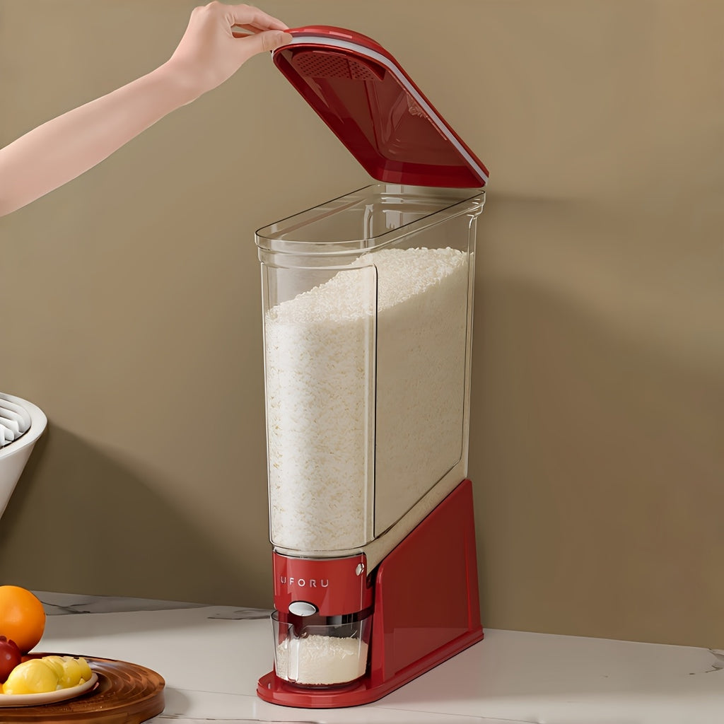 Large Capacity Automatic Rice Dispenser with Transparent Window & Measuring Cup - Airtight Flip-Top Lid Suitable for Rice, Grains, Pet Food Storage Container, Multi-Functional PET Organizer for Kitchen Pantry, Countertop, for Grain Dispenser