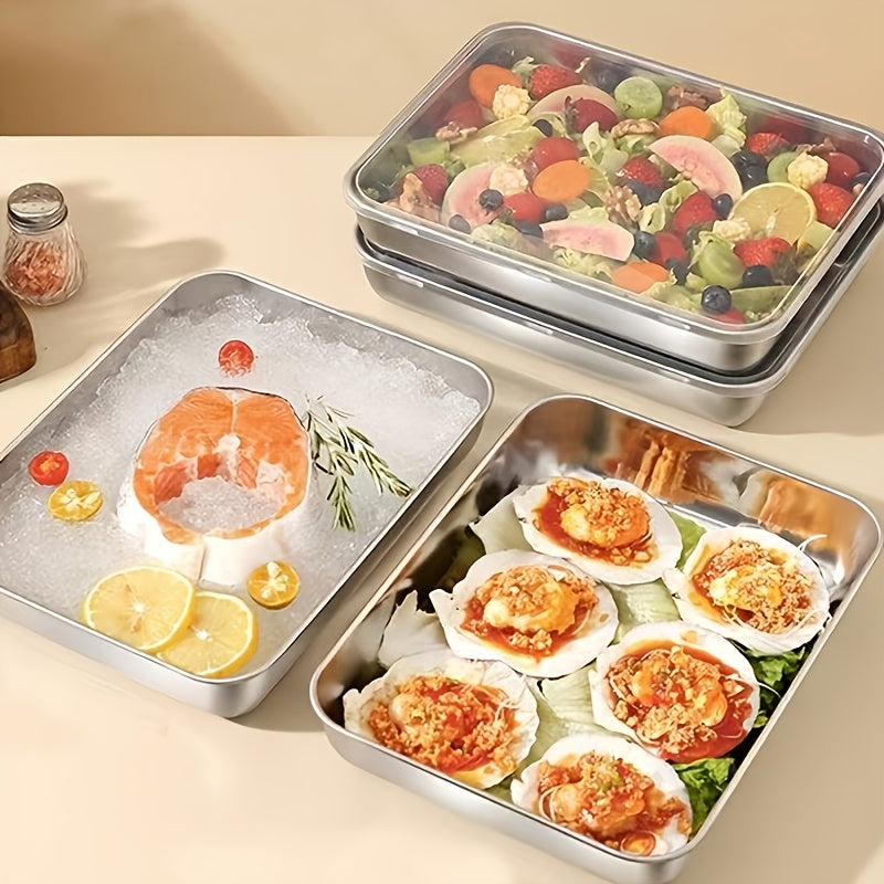 Easter 6pcs Stainless Steel Food Storage Containers(3Trays+3Lids), Square Stackable Design, Tidy Storage for Fridge& Cabinet, Space-Saving Airtight Fresh-Keeping, Ideal for Meal Prep, Camping, Loose Ingredients, Fruits, Meat, Vegetables, Leftovers