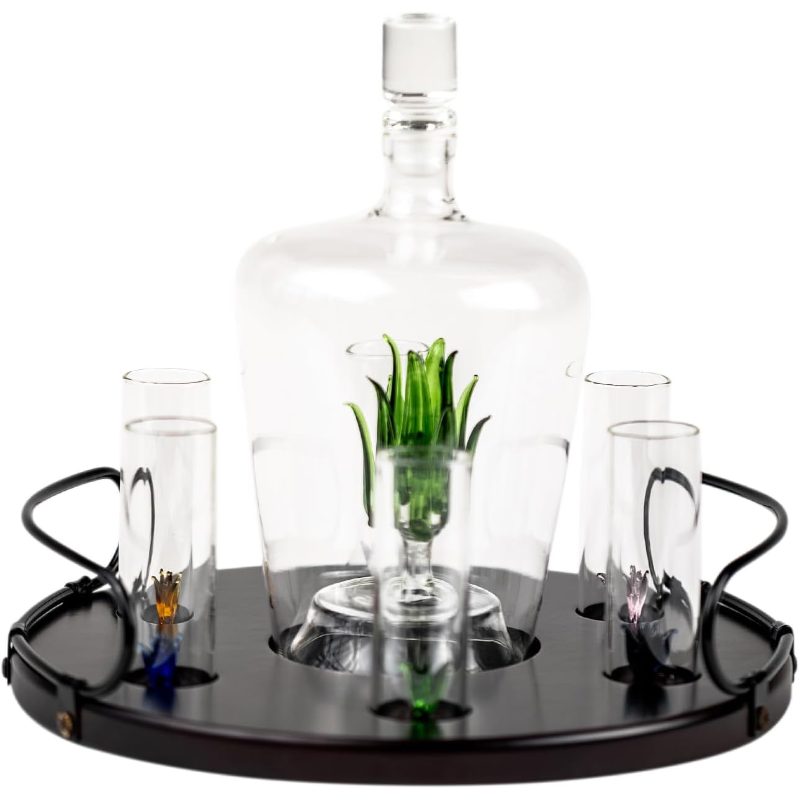 Tequila Decanter Tequila Glasses Set with Agave Decanter and 6 Agave Shot Glass with Stand, Gifts Tequila Lovers, 750ml Bottle, 3oz Shot Glass Party Decorations Cinco De Mayo (Agave)