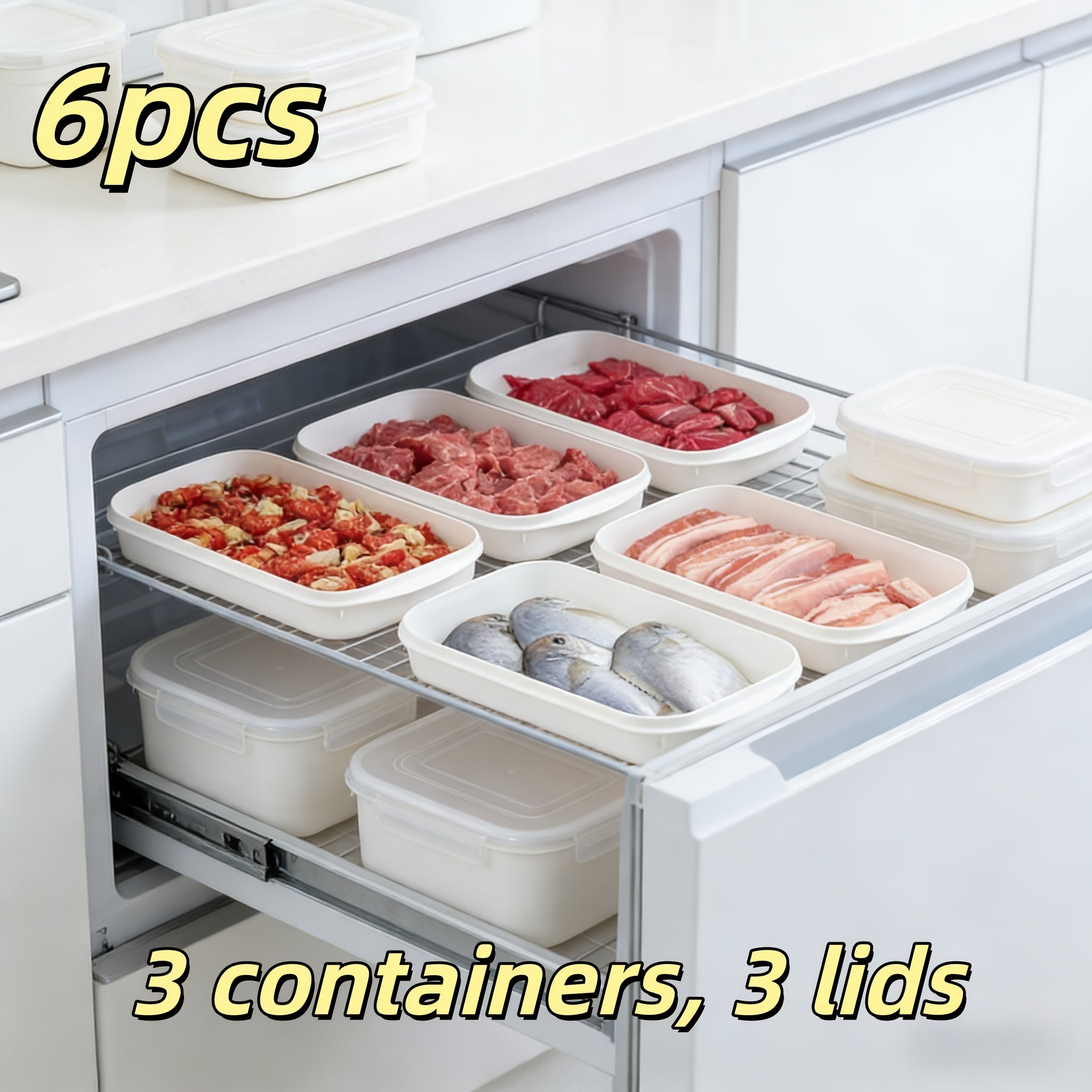 Set of 6 Reusable Food Storage Containers (3 Containers + 3 Lids), Made from Food-Grade Material, Safe for Refrigerator And Freezer Use, Stackable Design, Ideal for Storing Food, Perfect for Frozen Meat. Great for Kitchen Organization