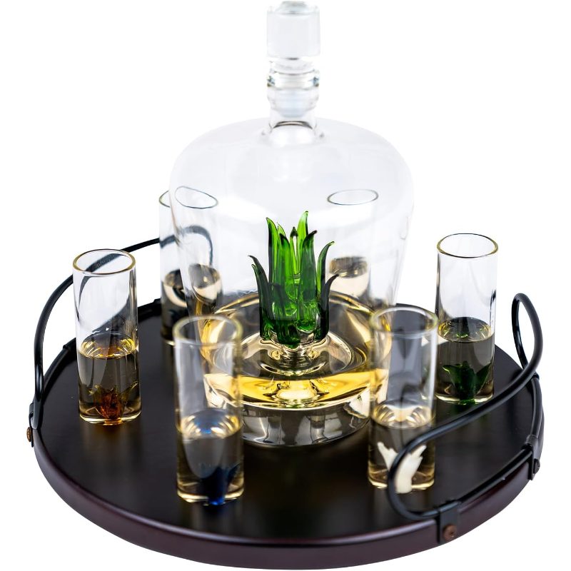 Tequila Decanter Tequila Glasses Set with Agave Decanter and 6 Agave Shot Glass with Stand, Gifts Tequila Lovers, 750ml Bottle, 3oz Shot Glass Party Decorations Cinco De Mayo (Agave)