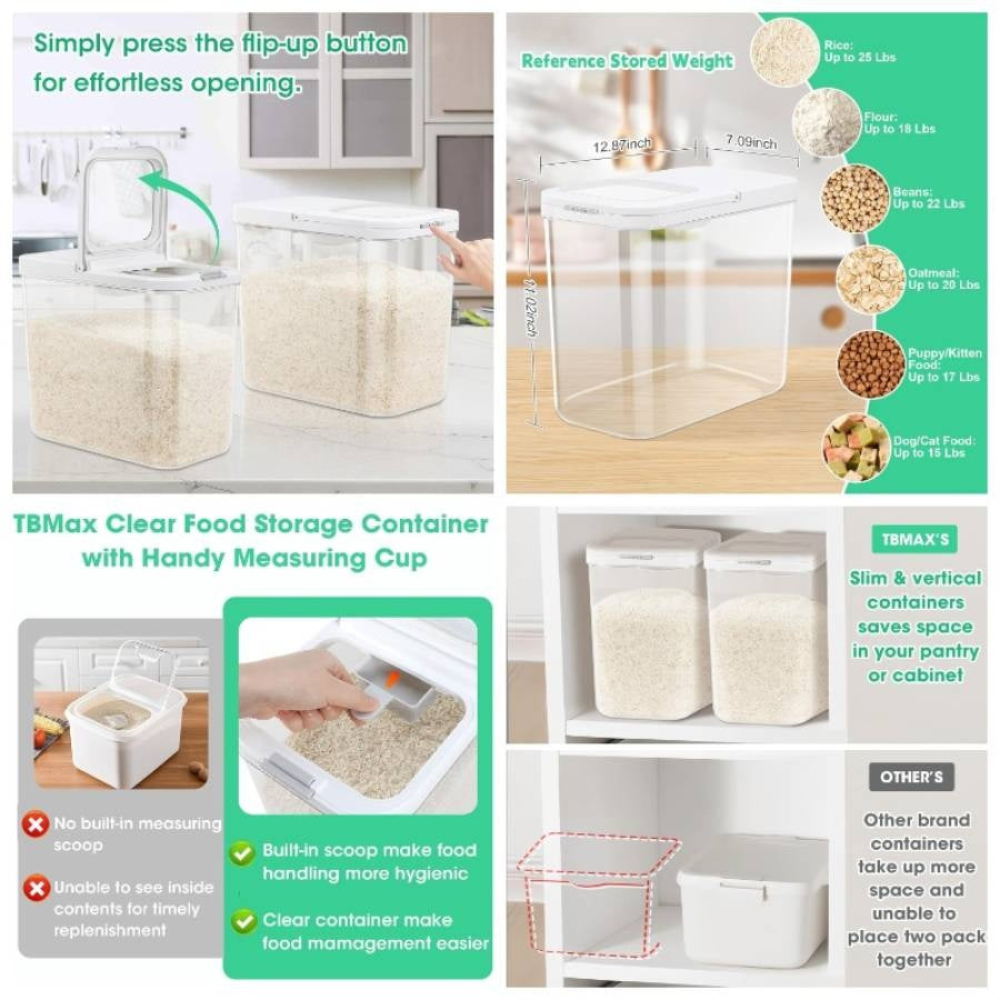 Rice Flour Storage Container with Automatic Flip - up Lid 25 Lbs 12.68 Qt, Tall and Narrow Food Storage Flour Bin Kitchen Pantry Organization, Pet Dog Food Storage Container