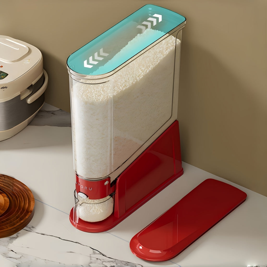 Large Capacity Automatic Rice Dispenser with Transparent Window & Measuring Cup - Airtight Flip-Top Lid Suitable for Rice, Grains, Pet Food Storage Container, Multi-Functional PET Organizer for Kitchen Pantry, Countertop, for Grain Dispenser