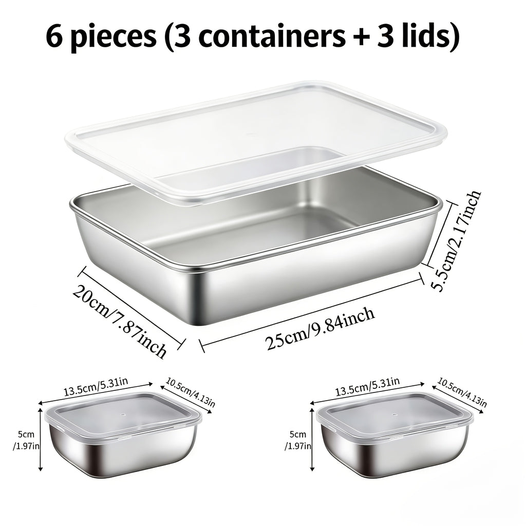 Easter 6pcs Stainless Steel Food Storage Containers(3Trays+3Lids), Square Stackable Design, Tidy Storage for Fridge& Cabinet, Space-Saving Airtight Fresh-Keeping, Ideal for Meal Prep, Camping, Loose Ingredients, Fruits, Meat, Vegetables, Leftovers