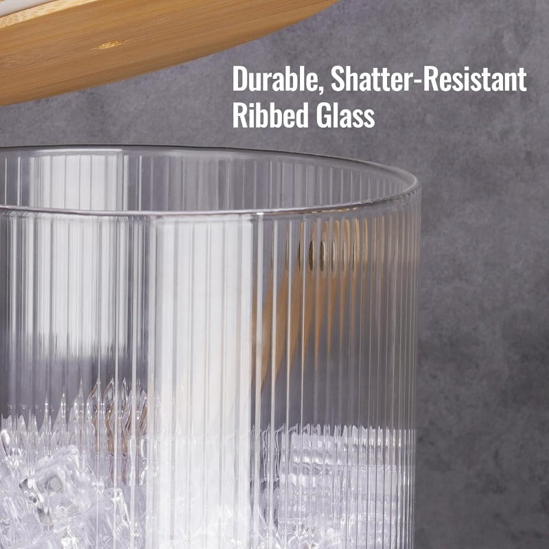 NiHome 101.44oz Glass Ice Bucket Chiller | Bamboo Lid, Scoop, and Tongs for Home Bar, Wedding Party | Ribbed Clear Design, Sturdy Handle, NonSlip Base, Airtight Storage for Wine, Champagne, Beer, Cocktails
