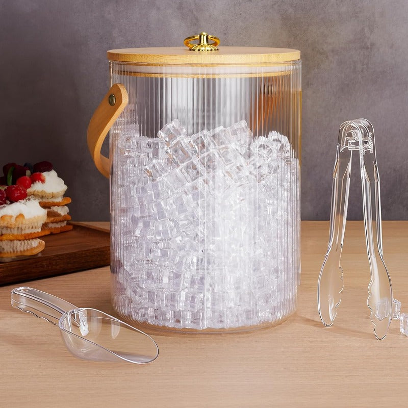 NiHome 101.44oz Glass Ice Bucket Chiller | Bamboo Lid, Scoop, and Tongs for Home Bar, Wedding Party | Ribbed Clear Design, Sturdy Handle, NonSlip Base, Airtight Storage for Wine, Champagne, Beer, Cocktails