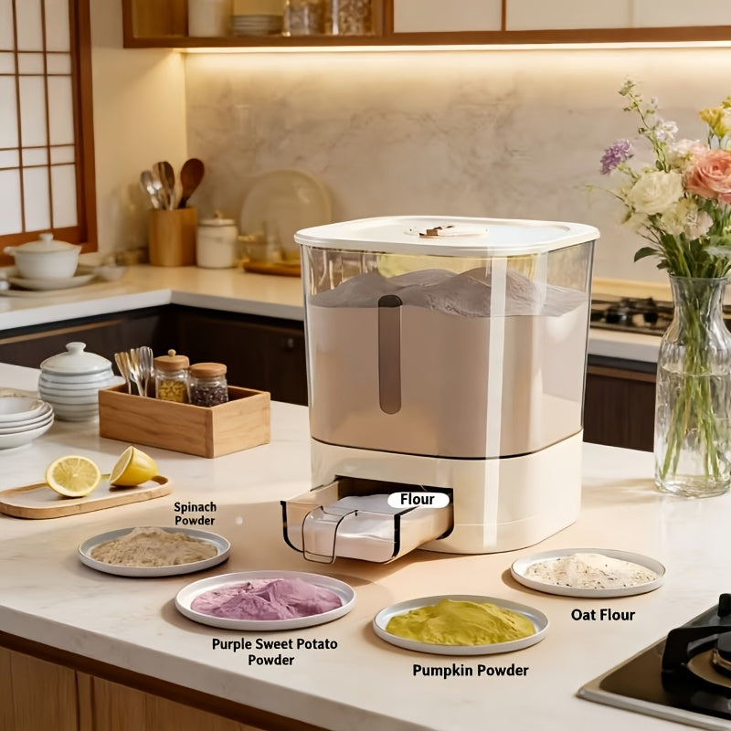 Large Airtight Container for Storing Rice, Flour, Cereal, Sugar, And Other Dry Foods with a Push-Button Grain Dispenser