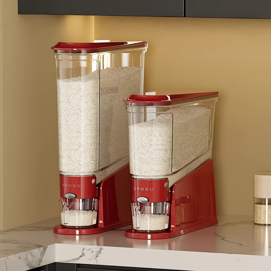 Large Capacity Automatic Rice Dispenser with Transparent Window & Measuring Cup - Airtight Flip-Top Lid Suitable for Rice, Grains, Pet Food Storage Container, Multi-Functional PET Organizer for Kitchen Pantry, Countertop, for Grain Dispenser