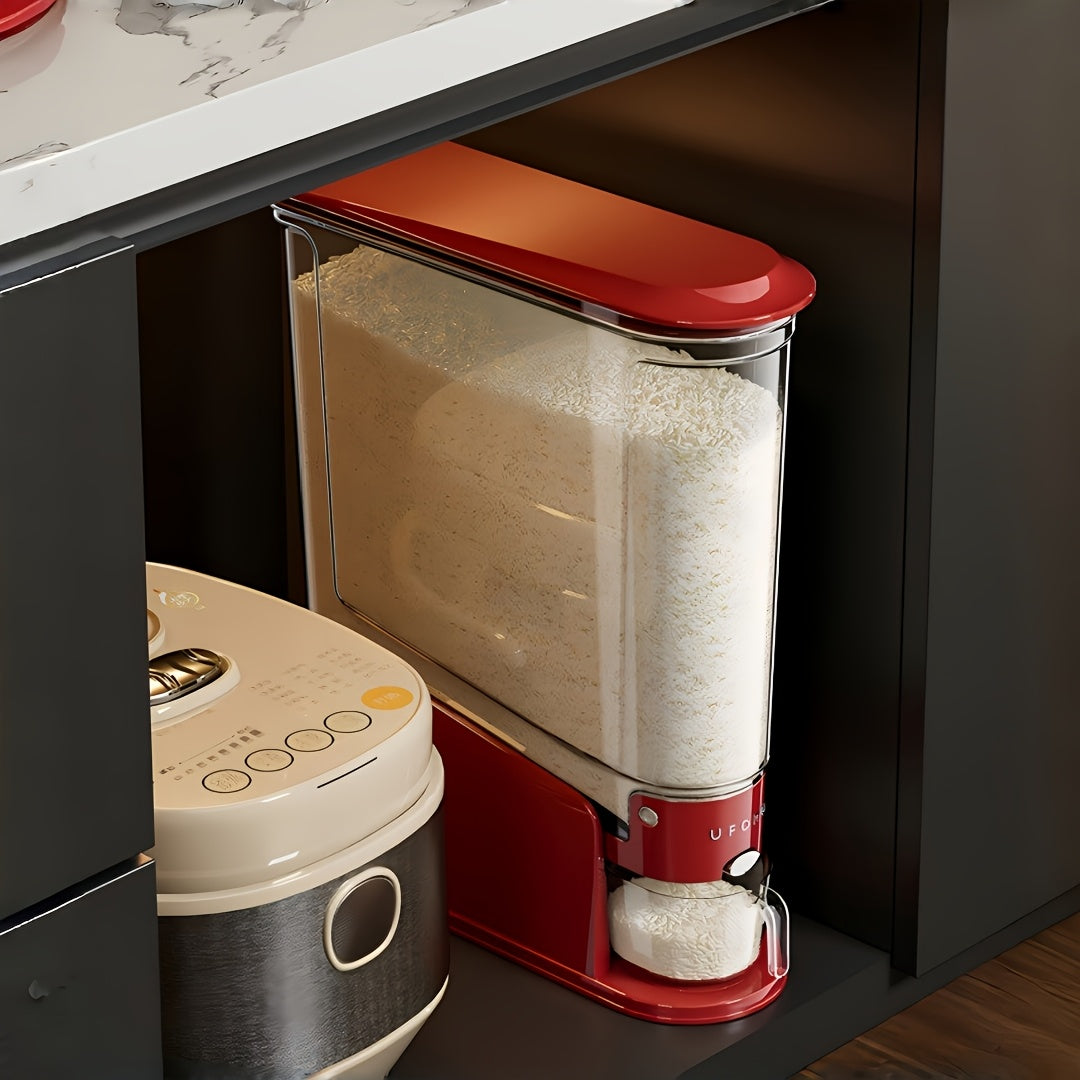 Large Capacity Automatic Rice Dispenser with Transparent Window & Measuring Cup - Airtight Flip-Top Lid Suitable for Rice, Grains, Pet Food Storage Container, Multi-Functional PET Organizer for Kitchen Pantry, Countertop, for Grain Dispenser