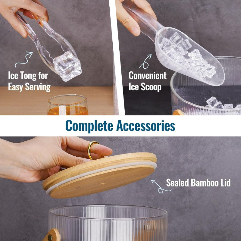NiHome 101.44oz Glass Ice Bucket Chiller | Bamboo Lid, Scoop, and Tongs for Home Bar, Wedding Party | Ribbed Clear Design, Sturdy Handle, NonSlip Base, Airtight Storage for Wine, Champagne, Beer, Cocktails
