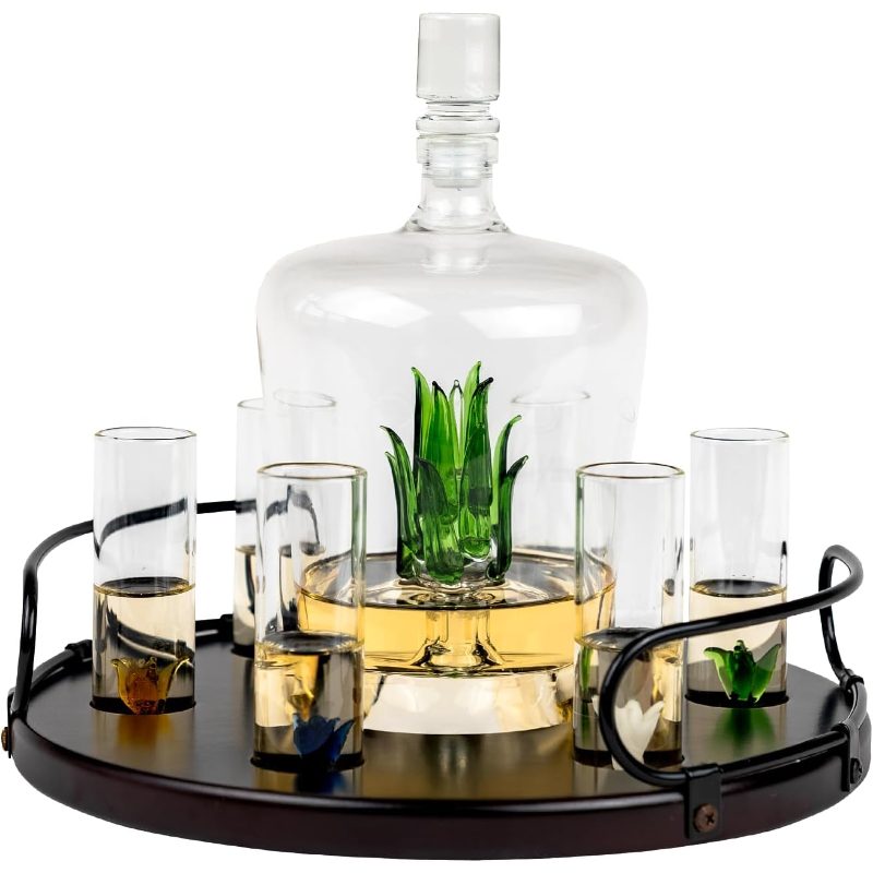 Tequila Decanter Tequila Glasses Set with Agave Decanter and 6 Agave Shot Glass with Stand, Gifts Tequila Lovers, 750ml Bottle, 3oz Shot Glass Party Decorations Cinco De Mayo (Agave)